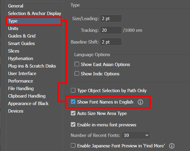Adobe Illustrator. Показывать названия шрифтов на английском языке. Опция включает отображение всех названий шрифтов на английском языке. Очень удобно при использовании азиатских шрифтов, у которых названия состоят из иероглифов. Если этот флажок не установлен, названия шрифтов отображаются на родном языке.